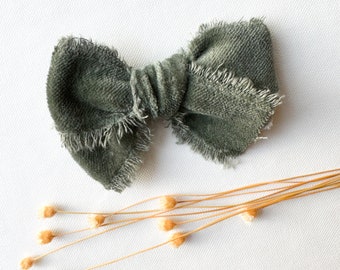 fable bow - green velvet frayed bow - spring bow - neutral bow - summer - girl bow - baby bow