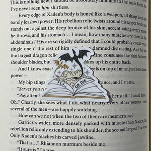 K&ouml;nnte beinhalten: Ein schwarz-wei&szlig;es Buch mit einem Drachen auf dem Cover. Das Buch ist ge&ouml;ffnet und die Seiten sind sichtbar. Das Buch tr&auml;gt die Worte "Fly... or Die" auf dem Cover. Das Buch liegt auf einer Seite eines Buches mit Text &uuml;ber einen Charakter namens Xaden.