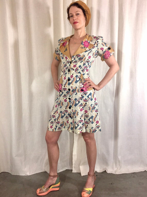 Foxy Lady 70s Deco Print Rayon Dress