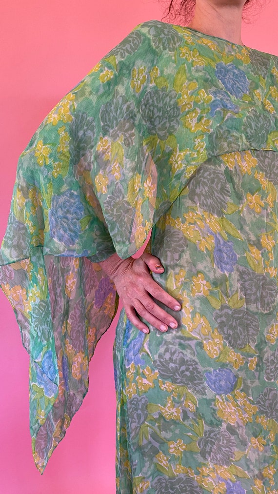 1970s Green Chiffon Print Ethereal Dress w/ Cape - image 4