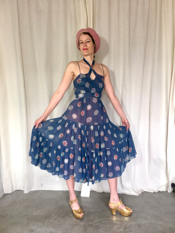 70s Ossie Clark Blue Celia Birtwell Print Dress