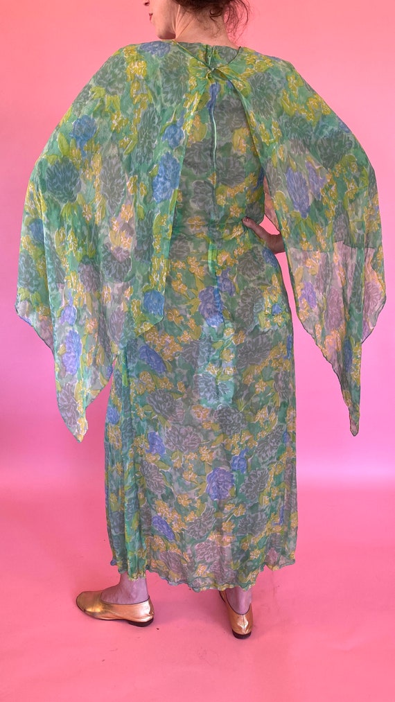 1970s Green Chiffon Print Ethereal Dress w/ Cape - image 3