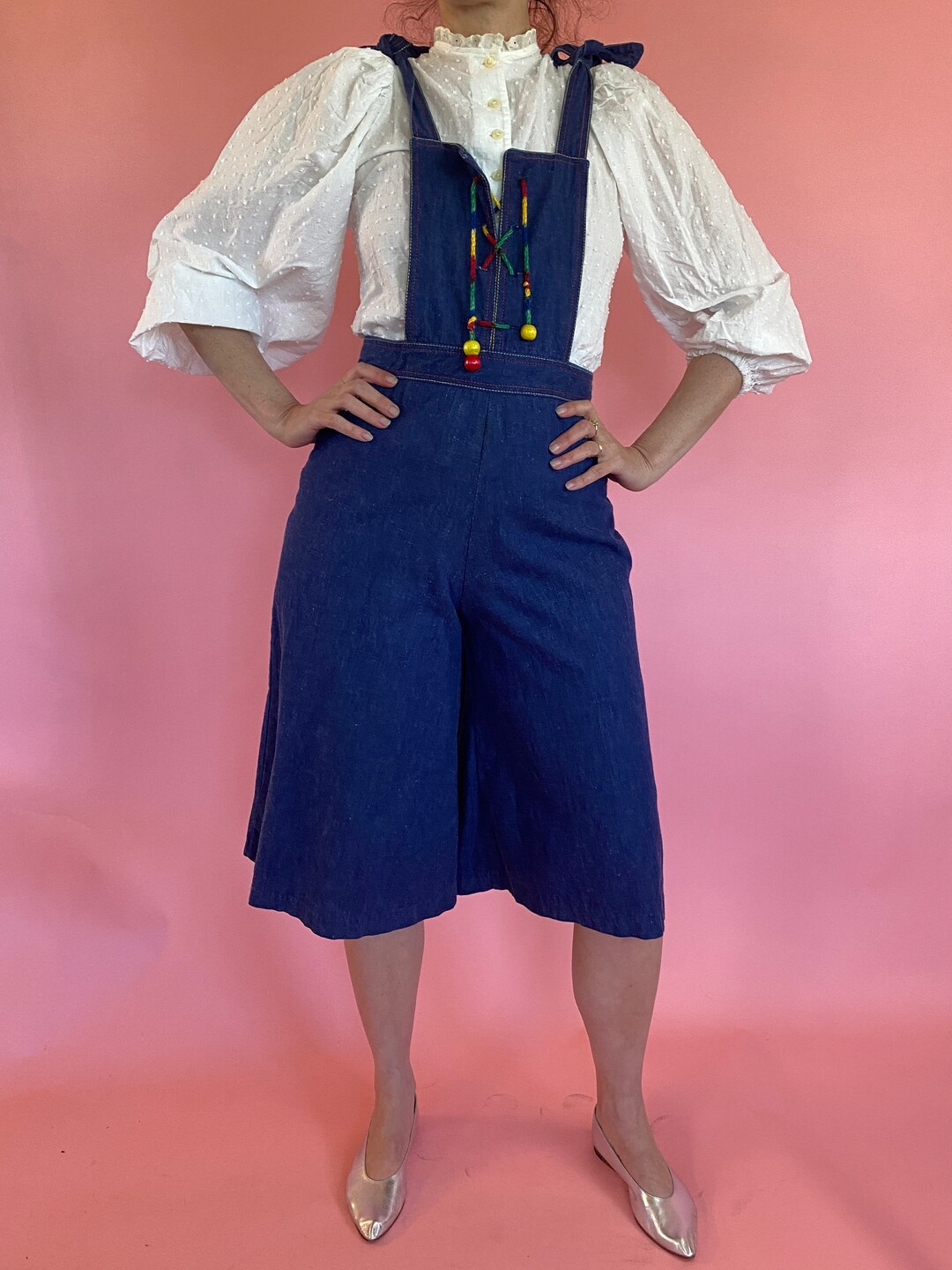 1970s Denim Culotte Overalls W/ Rainbow String and Beads - Etsy