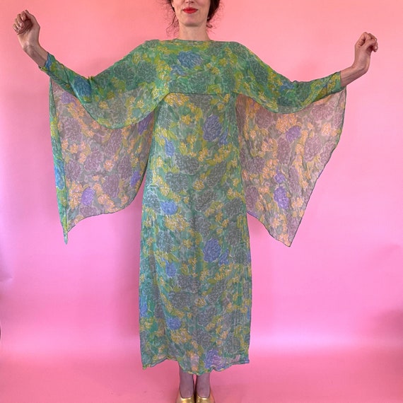 1970s Green Chiffon Print Ethereal Dress w/ Cape - image 1