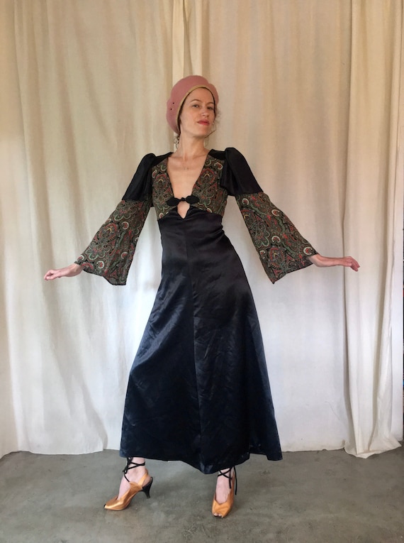 30s/70s Black Satin Paisley Print Bell Sleeve Dres