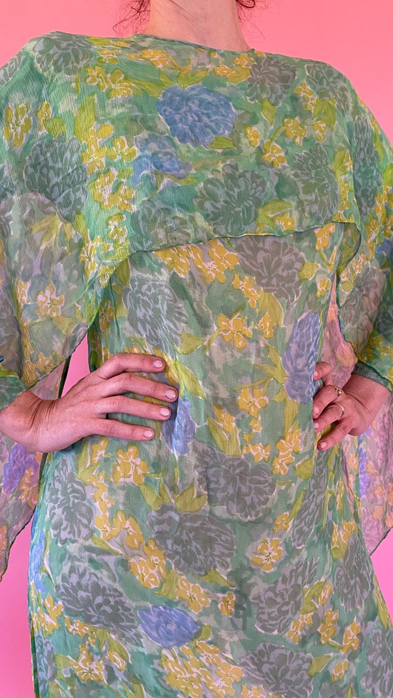 1970s Green Chiffon Print Ethereal Dress w/ Cape - image 5