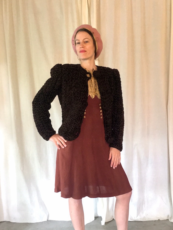 1940s Brown Chenille Puff Sleeved Sweater Jacket