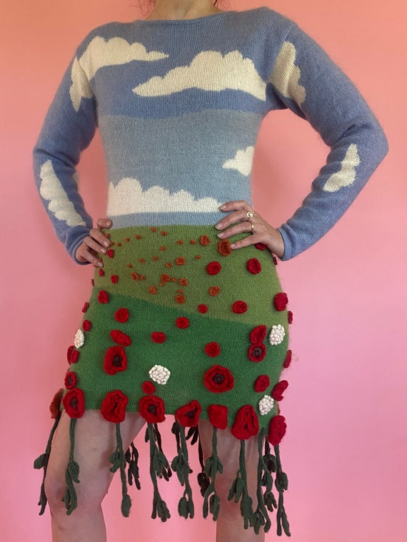 1980s Moschino Wool Knit Dress w/ Scenic Clouds an