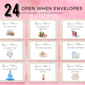Cartões-presente para novas mães, conjunto de etiquetas e cartões abertos, presente atencioso para chá de bebê, envelopes imprimíveis para pacote de cuidados para novas mães