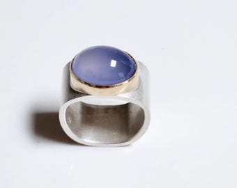 RESERVED - DO NOT Purchase.  Sterling Silver and 14K Bezel Set Blue Chalcedony Statement Ring