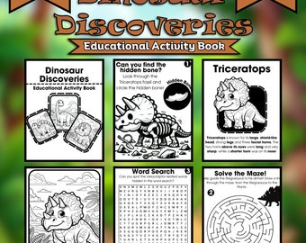 May include: Black and white printable dinosaur activity book with a Triceratops on the cover. The book includes activities like finding the hidden bone, word search, and solving a maze.