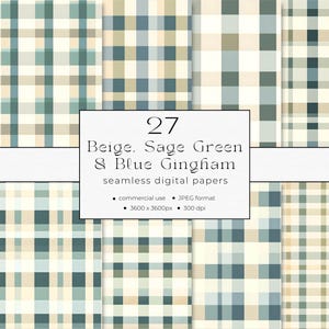 Gingham Seamless Papers Commercial Use INSTANT DOWNLOAD  Beige, Sage Green & Blue Gingham Seamless Papers 03PA