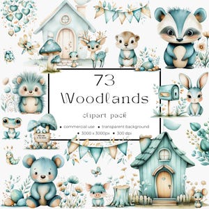 May include: A collection of 73 woodland-themed clipart elements. The illustrations feature adorable animals like a raccoon, deer, and hedgehog, along with houses, mushrooms, and floral accents. The text reads "73 Woodlands clipart pack". The clipart is designed for commercial use with a transparent background.