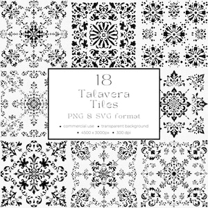 Mexican Talavera PNG & SVG Commercial Use Clipart INSTANT Download Black and White Talavera Tile Clipart Pack 01PA 01TB