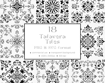Mexican Talavera PNG & SVG Commercial Use Clipart INSTANT Download Black and White Talavera Tile Clipart Pack 01PA 01TB