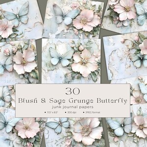 Carta per uso commerciale con farfalle e fiori di Junk Journal DOWNLOAD IMMEDIATO Carta per uso commerciale con farfalle e fiori 3D Grunge Blush e Sage 04JJ