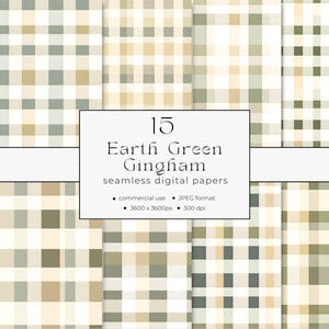 Earthy Green Gingham Seamless Papers Commercial Use INSTANT DOWNLOAD  Neutral Green Gingham Papers 03PA