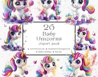 Baby Unicorn Commercial Use Clipart INSTANT DOWNLOAD Colourful Rainbow Unicorn Clipart Pack 01MY