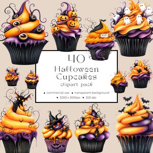 Può includere: Una collezione di 40 clipart di cupcake a tema Halloween. Ogni cupcake presenta glassa arancione e viola con decorazioni spettrali come occhi, zucche, fantasmi e pipistrelli. Il testo recita "40 Halloween Cupcakes clipart pack".