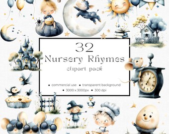 Nursery Rhymes Commercial Use Clipart INSTANT DOWNLOAD Watercolour Fairy Tale Clipart Pack Storybook Characters 01AN 01BC 01BS