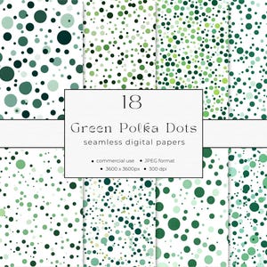 Può includere: 18 carte digitali con motivi senza cuciture di pois verdi su uno sfondo bianco. Le carte sono 3600 x 3600 pixel e 300 dpi.