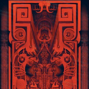 May include: A symmetrical, red and black, abstract design with intricate details. The design features a central, repeating pattern with a star at the top and a series of geometric shapes.