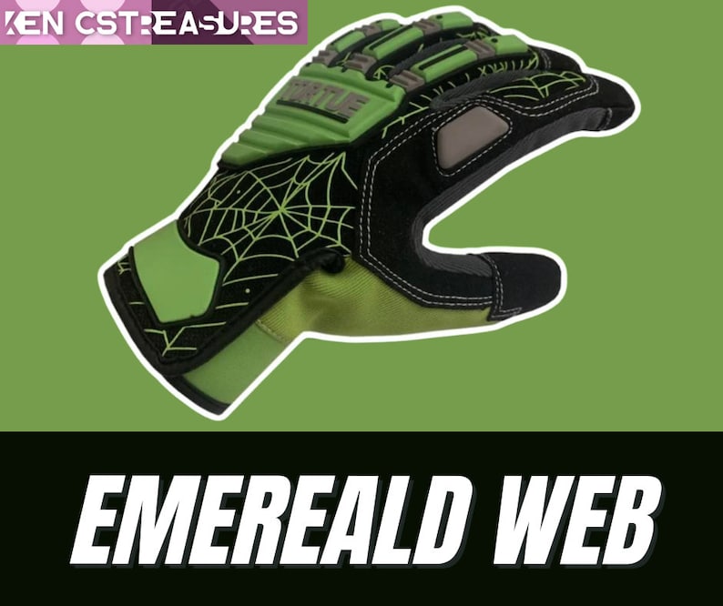 May include: Green and black work gloves with a spider web design and the word "FORTILE" printed on the back of the hand. The gloves have a textured palm and a reinforced thumb.