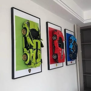 Framed Lamborghini LEGO Car Wall Art – 3D Supercar Model Display | Luxury Car Decor for Man Cave, Garage, Office or Gift