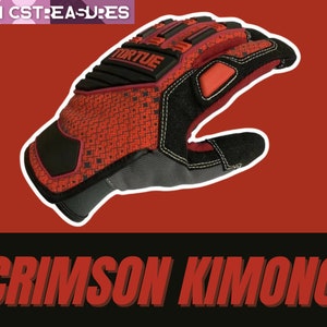 May include: Red and black work gloves with a textured palm and a black and red patterned back. The gloves have a black patch on the back with the word "Tortue" printed in white.
