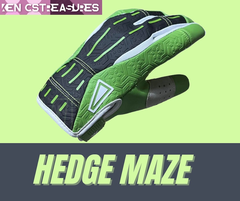 May include: Green and black patterned sports glove with a white logo and the text "HEDGE MAZE".
