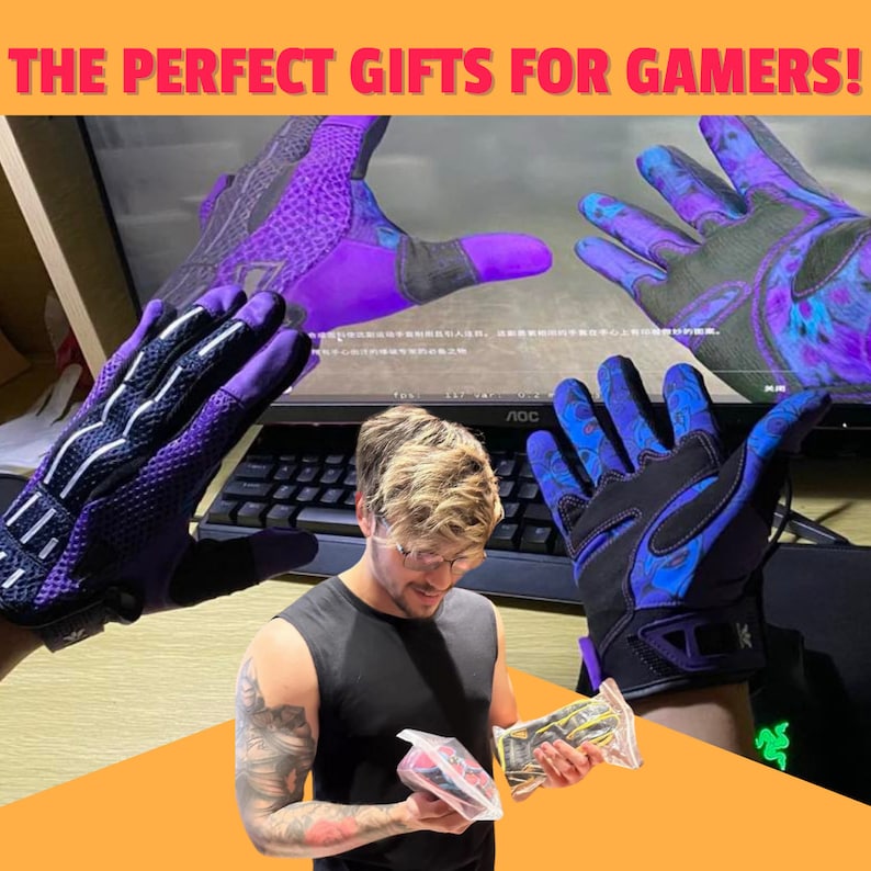 May include: Three pairs of gaming gloves in different colors and patterns. The gloves are purple, blue, and black with a variety of designs. The gloves are packaged in clear plastic bags.