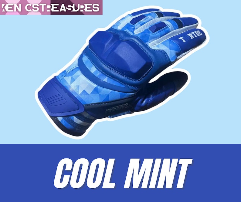 May include: Blue and white patterned motorcycle gloves with knuckle protection and a blue wrist strap. The gloves have the text "T.R.T.O.E" on the back of the hand.