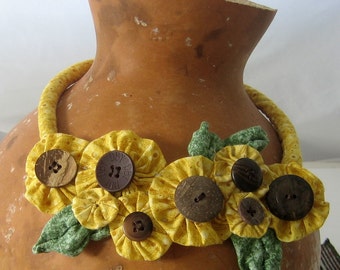 Sunflower Fabric Necklace Yoyos and Buttons Statement Bib Snap On Fiber Art to Wear