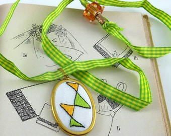 Pendant Hand Embroidered Abstract Triangles with Adjustable Ribbon Mother's Day Geometry Geek