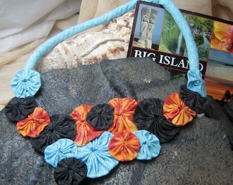 Fabric Yoyo Statement Bib Bubble Necklace Made in Hawaii Hot Lava meets Ocean Blue Handmade