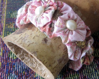 Fabric Bubble Wrist or Ankle Bracelet Cuff with Buttons Romantic Pink Snappie Snap On Spring Floral