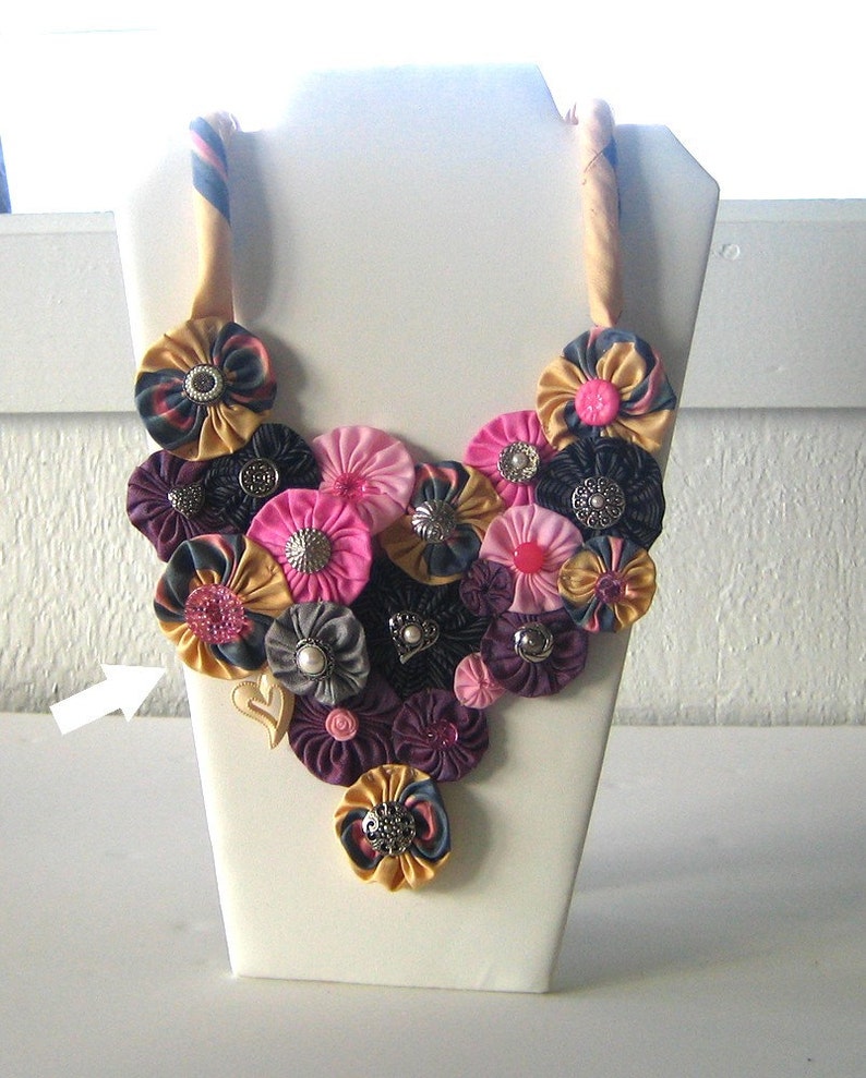 Boho Statement Necklace, Necktie Fabric Bubbles and Buttons with Brooch, OOAK, Bib, Versatile Snap On Upcycle Choker Heart image 1