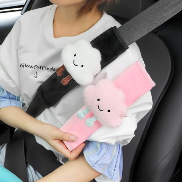 Cute Cloud Seat Belt Cover Interior Car Decor Shoulder Strap Seatbelt Car Charm For Her Pink Cartoon Kawaii Adorable Tiny Aesthetic Plushy