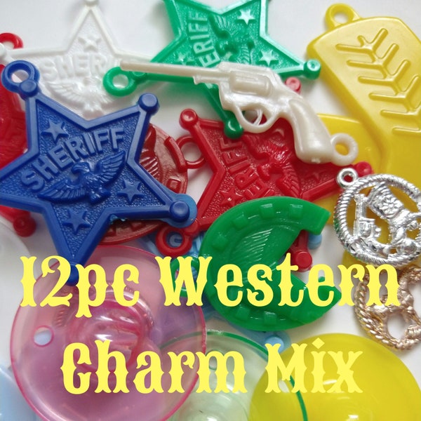 12c WESTERN Themed Charm Mix / Vintage Plastic Charms of Sheriff Star, Horseshoe, Cowboy Boots, Six-Shooter Gun, Hat, etc