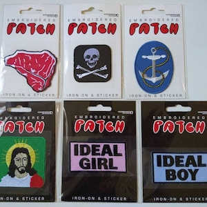 CHOICE 1pc Vintage ACCOUTREMENTS Embroidered Iron-on Patch Sticker / Meat Steak, Ideal Girl or Boy, Jesus, Skull + Crossbones, Anchor