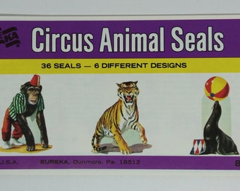 CIRCUS ANIMAL Vintage Eureka Gummed Seals, FULL 36pc Booklet / scrapbook sticker sheet embellishments, junk journal supply / new old stock