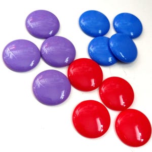 12pc 1980s Vintage Plastic Cabochons / 26mm round /low dome circle / color pop / button rings / kitsch lot cab cabs