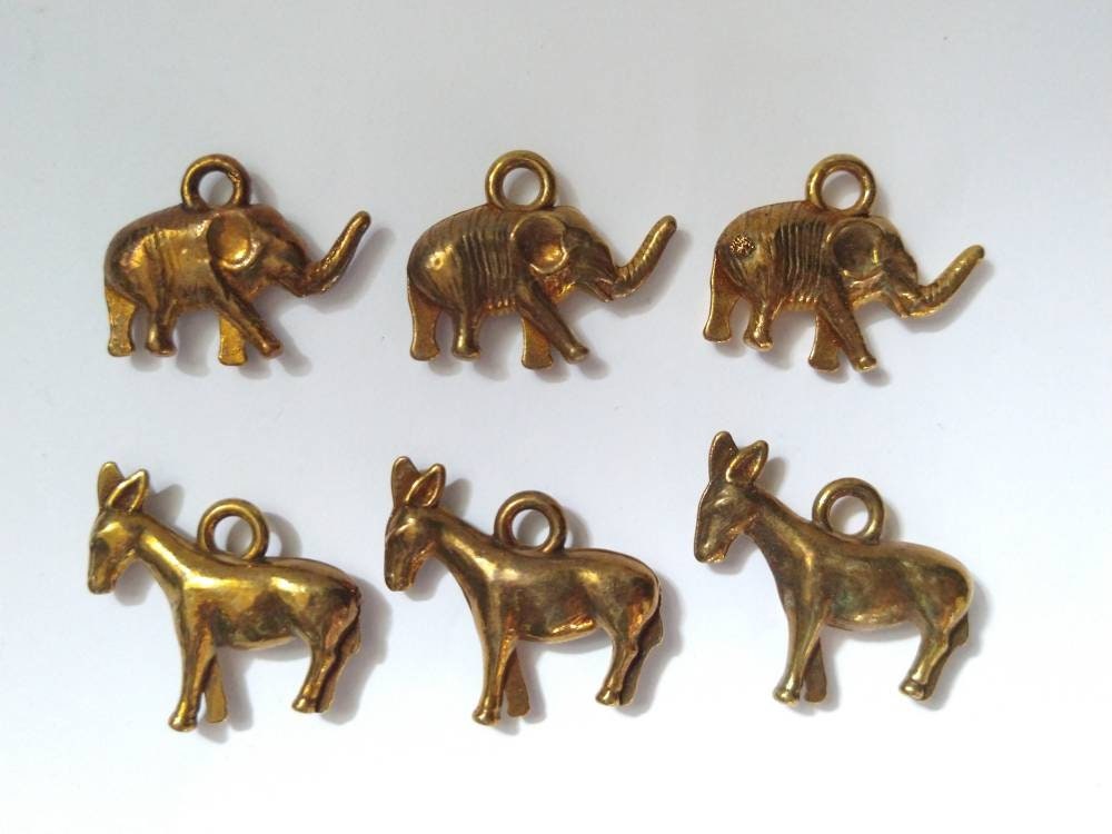 3pc VINTAGE Elephant OR Donkey Metal-plated Gumball Charms / new old stock / republican democrat / animal vintage charm lot
