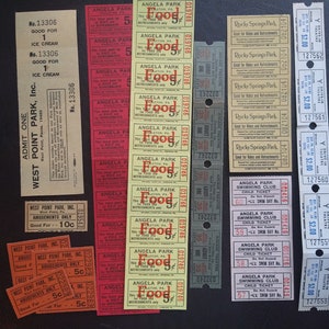 May include: A collection of vintage amusement park tickets and coupons. The tickets are printed on various colored paper and feature different designs. Some of the tickets are for rides, while others are for food and refreshments. The tickets are in good condition and would be a great addition to any amusement park memorabilia collection.