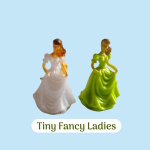 May include: Two miniature figurines of women in ball gowns. One is white, the other is green. Both have brown hair and are posed with one hand on their hip. The text "Tiny Fancy Ladies" is below the figurines.