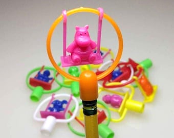 4pc VINTAGE Swinger PENCIL TOPPERS : Animals on Swings! / plastic topper, party favors, gumball vending machine prize, new old stock