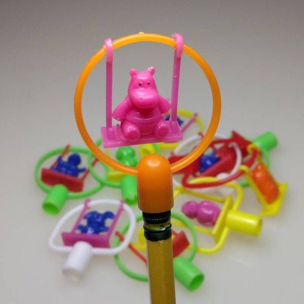 6 or 12 pieces VINTAGE PENCIL TOPPER Lot, Animals on Swings! plastic toppers, party favors, gumball vending machine prize, new old stock