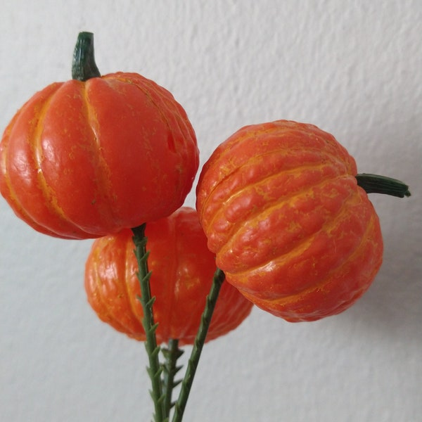 3pc Vintage MINI PUMPKIN Blow Mold Plastic Pick / vintage fall floral stems / mini gourd pumpkins