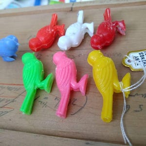 3pc Vintage Little Colorful Plastic Bird Whistles / new old stock / Hong Kong / vintage vending miniature birds image 3