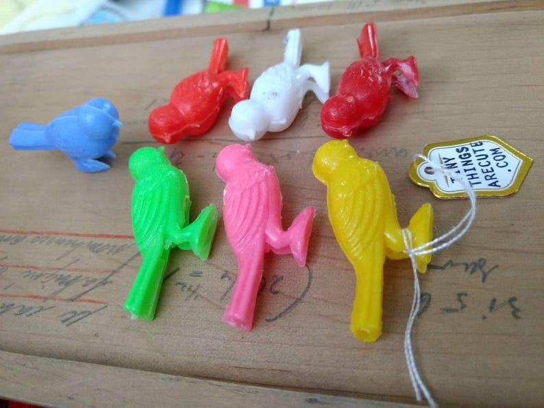 3pc Vintage Little Colorful Plastic Bird Whistles / new old stock / Hong Kong / vintage vending miniature birds image 3